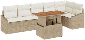 vidaXL 7-częściowy zestaw do jadalni ogrodowej z poduszkami Beige Poly Rattan Akacja 2