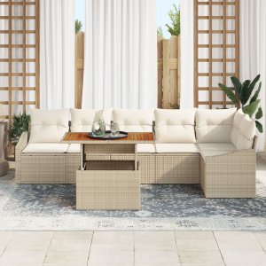 vidaXL 7-częściowy zestaw do jadalni ogrodowej z poduszkami Beige Poly Rattan Akacja 3