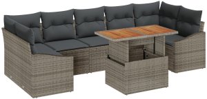 vidaXL Zestaw 8-elementowy do jedzenia w ogrodzie z poduszkami szary polirattan akacja 2