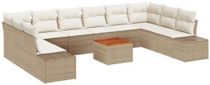 vidaXL Zestaw Sofy Ogrodowej 11 Elementów z Poduszkami Beżowy Polirattan Akacja 2