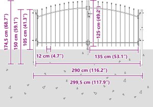 vidaXL Bramka ogrodowa z ostrym szczytem, podwójnie otwierana, szara 125x300 cm stal 7