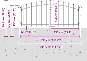 vidaXL Brama ogrodowa ze szpiczastym topem podwójne skrzydło Szary 150x300 cm Stal 7