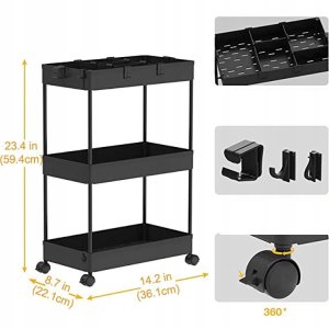 PÓŁKA Łazienkowa KUCHENNA SZAFKA MOBILNA REGAŁ Kółka 3 poziomy CZARNA 3