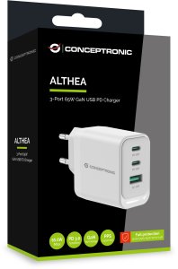 Conceptronic ALTHEA21W65 ładowarka do urządzeń przenośnych Uniwersalne Biały Prąd przemienny Szybkie ładowanie Wewnętrzna 3