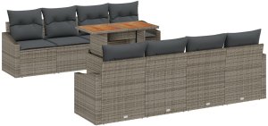 vidaXL Zestaw Jadalniany z Poduszkami 9 Części Szary Polirattan Akacja 2