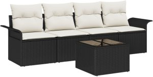 vidaXL 5-częściowy zestaw sof ogrodowych z poduszkami czarny polirattan, 2-osobowa sofa ogrodowa z miejscem do przechowywania i poduszkami czarny polirattan 2