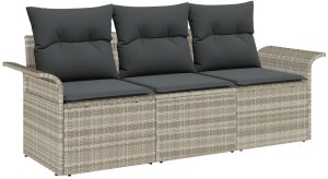vidaXL 3-częściowy zestaw sofy ogrodowej z poduszkami Jasnoszary Polirattan, Sofa ogrodowa 2-osobowa z schowkiem i poduszkami Jasnoszary Polirattan 2
