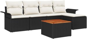 Zestaw 6-częściowy sof ogrodowych z poduszkami czarny polirattan akacja, 2-osobowa sofa ogrodowa z przechowalnią i poduszkami czarny polirattan 2