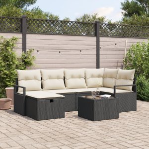 7-częściowy zestaw sof ogrodowych vidaXL z poduszkami czarny poli rattan, Sofa dwuosobowa vidaXL z poduszkami czarny poli rattan 1