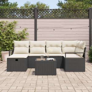 vidaXL 7-częściowy zestaw sof ogrodowych z poduszkami czarny poli rattan, Sofa dwuosobowa z poduszkami czarny poli rattan 3