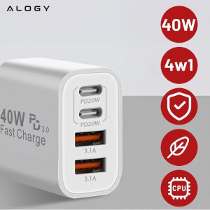 Ładowarka Alogy Ładowarka sieciowa 40W 2x USB 2x USB-C Alogy Super Fast Charger Szybkie ładowanie PowerDelivery PD Biała 2