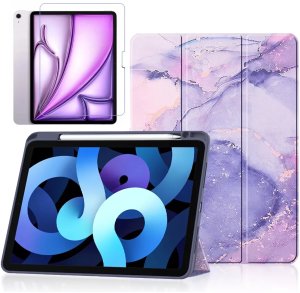 Etui hybrydowe z miejscem na rysik do Apple iPad Air 11" (2024,2025) / Air 10.9" (2020,2022) / Pro 11 (2018) Alogy Hybrid Book Cover Case Marble Fioletowe + Szkło 1