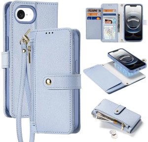 Etui skórzane do iPhone 16e Dux Ducis Lawa z portfelem MagSafe błękitne 1