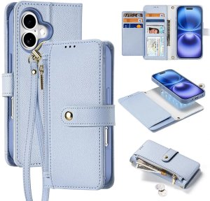 Etui skórzane do iPhone 16 Dux Ducis Lawa z portfelem MagSafe błękitne 1