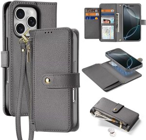 Etui skórzane do iPhone 16 Pro Dux Ducis Lawa z portfelem MagSafe szare 1