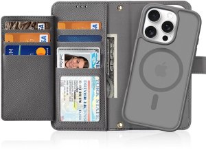 Etui skórzane do iPhone 16 Pro Max Dux Ducis Lawa z portfelem MagSafe szare 1