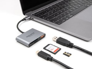 DELOCK USB-C Card Reader fur SD und Micro SD Speicherkarten + USB 10 Gbps Typ-A Port und USB Type-C PD 2.0 85 W 2