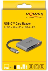 DELOCK USB-C Card Reader fur SD und Micro SD Speicherkarten + USB 10 Gbps Typ-A Port und USB Type-C PD 2.0 85 W 3