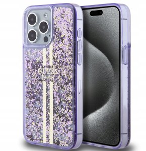 Guess Pc/Tpu Liquid Glitter Gold Stripe Case For Iphone 15 Pro Max Purple 1