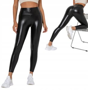 Legginsy MODNE Wysoki Stan MODELUJĄCE EKO SKÓRA z Marszczeniem CZARNE r.XXL 3