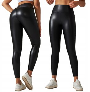 Legginsy MODNE Wysoki Stan MODELUJĄCE EKOSKÓRA Elastyczne PUSHUP CZARNE S 1