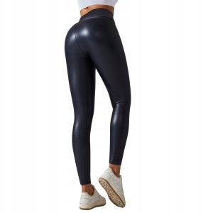 Legginsy MODNE Wysoki Stan MODELUJĄCE EKOSKÓRA Elastyczne PUSHUP CZARNE S 4