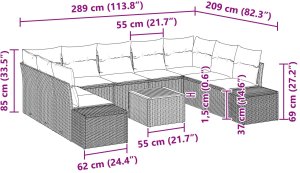 vidaXL Zestaw Sofy Ogrodowej 10 Części z Poduszkami Beżowy Polirattan Akacja 9