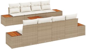vidaXL Zestaw Sofy Ogrodowej 9 Części z Poduszkami Beżowy Poli Rattan Akacja 2