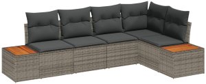 vidaXL Zestaw sofy ogrodowej 5 elementów z poduszkami Szary Polirattan Akacjowy 2