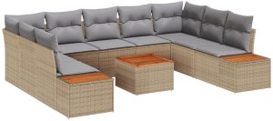 vidaXL Zestaw 10-częściowy sof ogrodowych z poduszkami Beżowy Polirattan Akacja 2