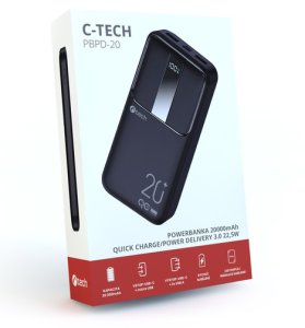 C-TECH Powerbanka 20000mAh, Li-Pol, 22,5W, USB-C/USB-A/micro USB 10