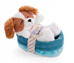 NICI 47890 Maskotka śpiący szczeniak Cocker Spaniel 12cm w koszyku niebiesko-turkusowym 1