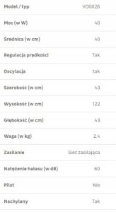 VOLTENO WENTYLATOR PODŁOGOWY BIAŁY 40cm PODSTAWA KRZYŻAK 8