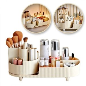 Organizer na pędzle, kosmetyki, ryflowany obrotowy kremowy 34,5x14,7x14,3cm CB56K 1