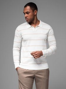 Męski longsleeve polo w poziome paski z wiskozą  biało-beżowy V4 OM-POLS-0146 XXL 1