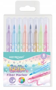Flamastry KEYROAD Fiber Marker Glitter, zakończone pędzelkiem, brokatowe, 8 szt., mix kolorów pastelowych 1
