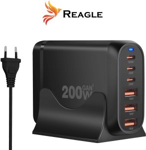 Ładowarka Reagle SZYBKA ŁADOWARKA GaN 200W PD 3x USB C 3x QC 3.0 DO LAPTOPA IPHONE 100W MAC 9