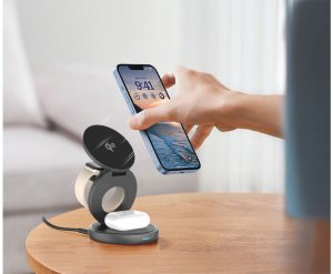 Twist 3-in-1, wireless Qi2 charging station for iPhone (15W), AppleWatch (2.5W) & AirPods (5W), Qi2 certified, magnetic charging pads with stand function, foldable, power adapter 30W, USB-C charging cable 1 m, space gray 2