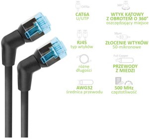 Kabel sieciowy patchcord Cat6a UTP kątowy obrotowy 0,5m slim czarny 3