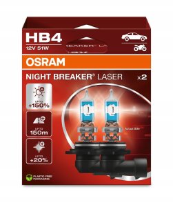 Osram Żarówka (Zestaw 2szt.) HB4 12V 51W P22D do 150 m. długości wiązki światła, do 150% większa jasność, do 20% bielsze światło Night Breaker Laser, biała 2
