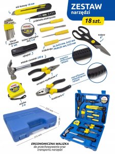 Zestaw narzędziowy 18 el. Kombinerki młotek imbusy 10