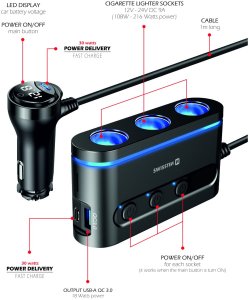 Swissten Car charger 2x USB-C PD / 1x USB-A QA 3.0 / 3x CL 2