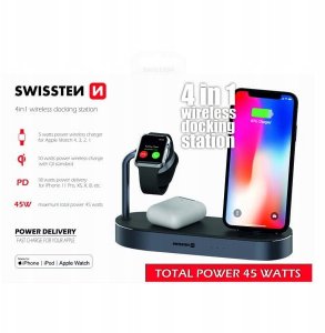 Swistten 4in1 MFI Wireless Docking Station 45W for Apple iPhone / iPod / Apple Watch 5