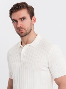 Męska koszulka polo z wiskozą SLIM FIT w pionowy prążek  złamana biel V3 OM-POSS-0143 M 2