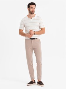 Koszulka polo męska w poziome paski z wiskozą  biało-beżowa V4 OM-POSS-0145 M 4