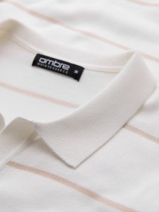 Koszulka polo męska w poziome paski z wiskozą  biało-beżowa V4 OM-POSS-0145 M 5