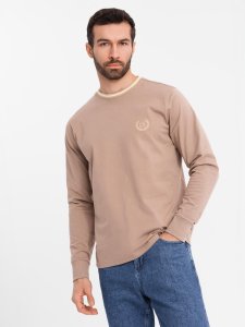 Longsleeve bawełniany męski z dekoltem U w paski i haftem  brązowy V6 OM-LSCL-0128 M 3