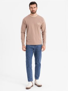 Longsleeve bawełniany męski z dekoltem U w paski i haftem  brązowy V6 OM-LSCL-0128 M 4