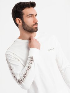 Bawełniany męski longsleeve U-neck z lampasami i nadrukiem na piersi  złamana biel V3 OM-LSCL-0127 S 1