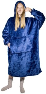 Ponczo telewizyjne z kapturem Hoodie granat - kocobluza z futerkiem, ciepłe, długi rękaw, duża kieszeń 1